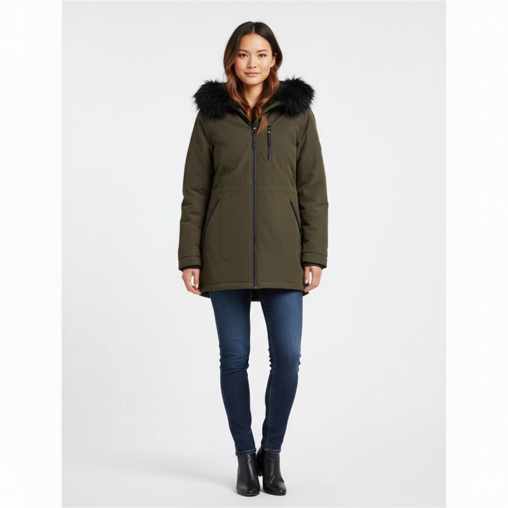 Calvin Klein Olive‎ Ski & Snow Jacket with Faux Fur Trim